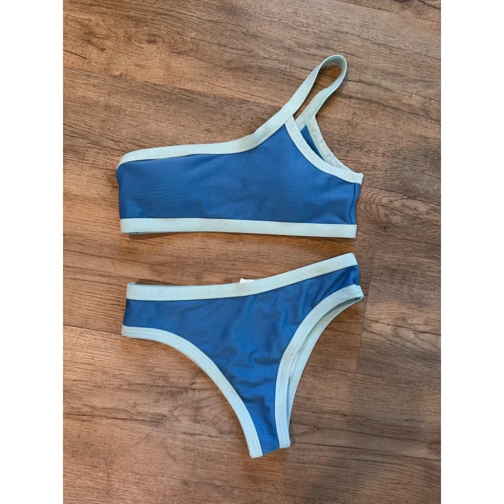 Blue Ribbed One Shoulder Bikini Set Mint Green Trim Size Medium